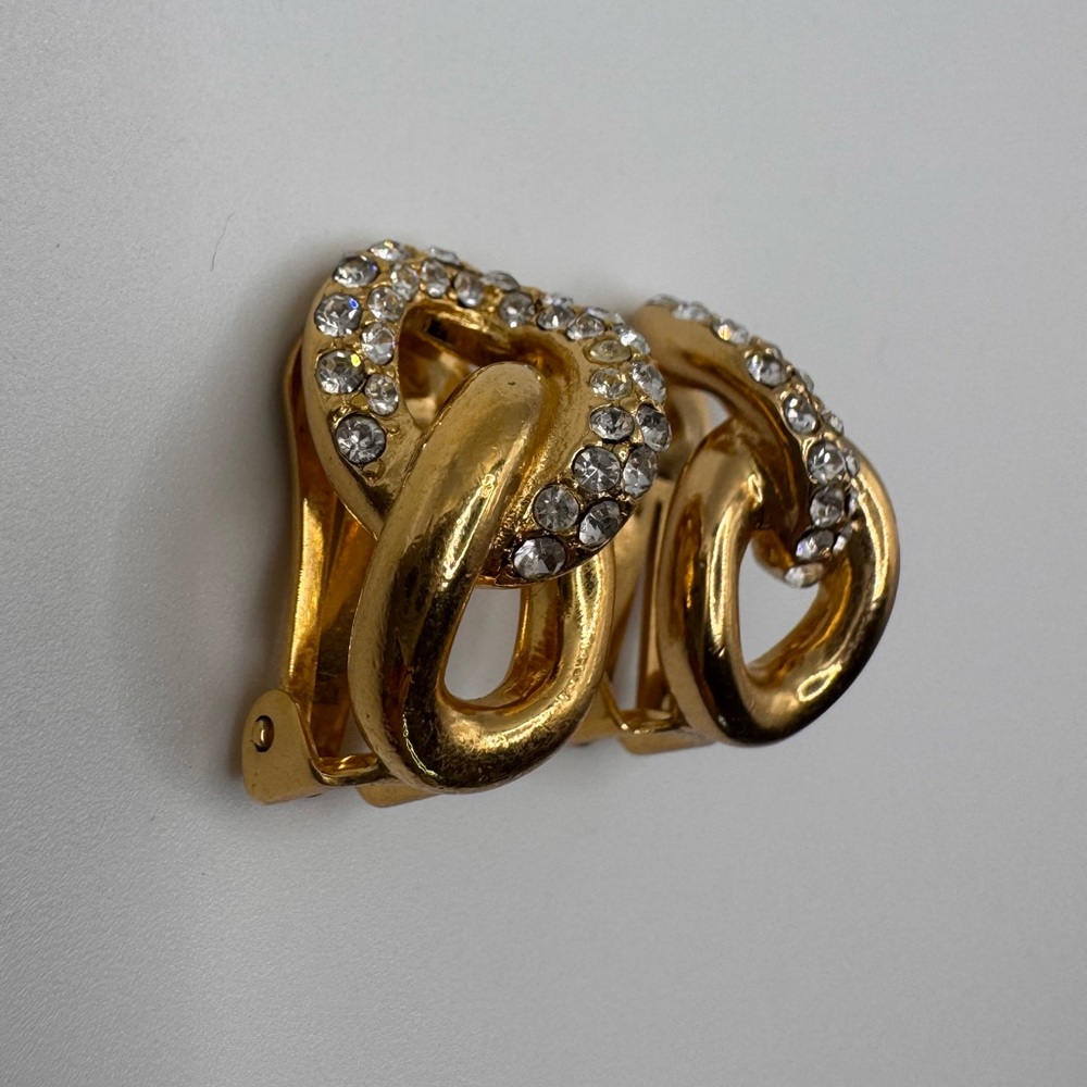 Vintage Signed Christian Dior Gold Tone Rhinestone Link Clip On | Designer - Picture 4 of 10